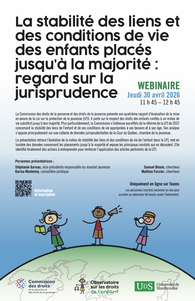 Affiche du webinaire de l'Observatoire sur les droits de l'enfant et de la CDPDJ du 30 avril 2026